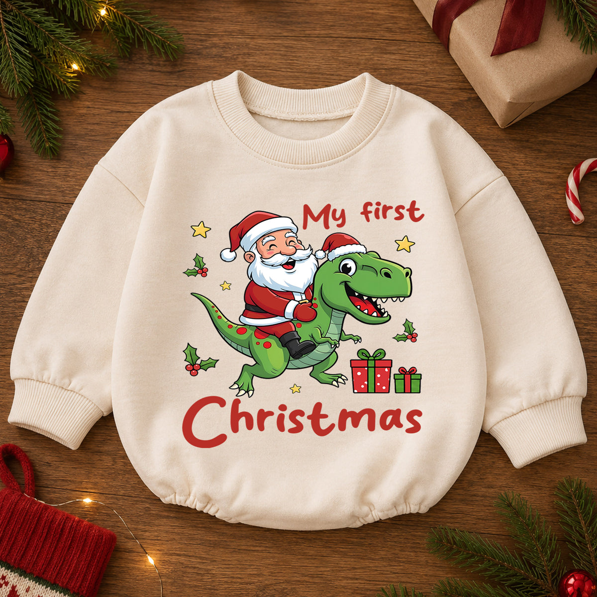 My First Christmas Dinosaur Baby Romper, Santa T Rex Holiday Outfit, Cute Toddler Xmas Romper, Sweet Baby 1st Birthday Gift — product view 2