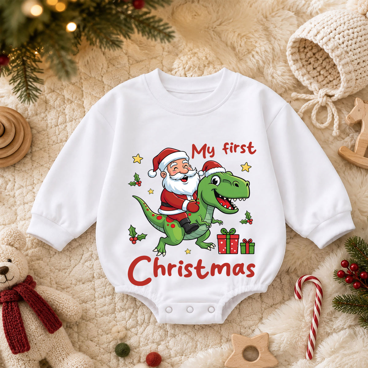 My First Christmas Dinosaur Baby Romper, Santa T Rex Holiday Outfit, Cute Toddler Xmas Romper, Sweet Baby 1st Birthday Gift — product view 3