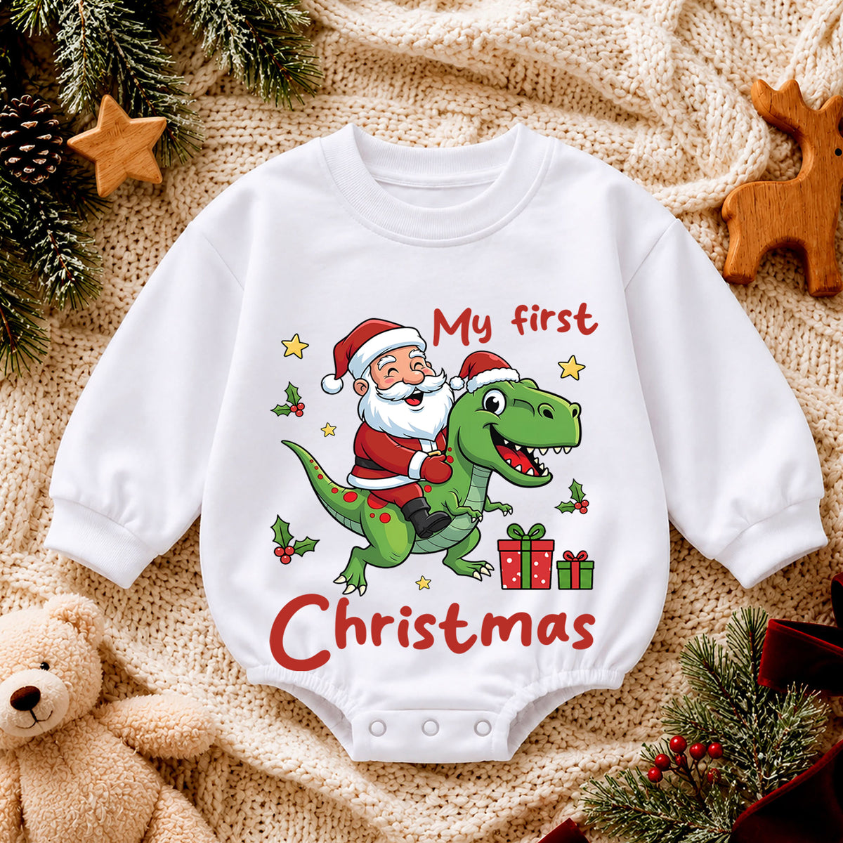 My First Christmas Dinosaur Baby Romper, Santa T Rex Holiday Outfit, Cute Toddler Xmas Romper, Sweet Baby 1st Birthday Gift — product view 4