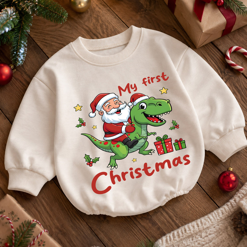 My First Christmas Dinosaur Baby Romper, Santa T Rex Holiday Outfit, Cute Toddler Xmas Romper, Sweet Baby 1st Birthday Gift — product view 5