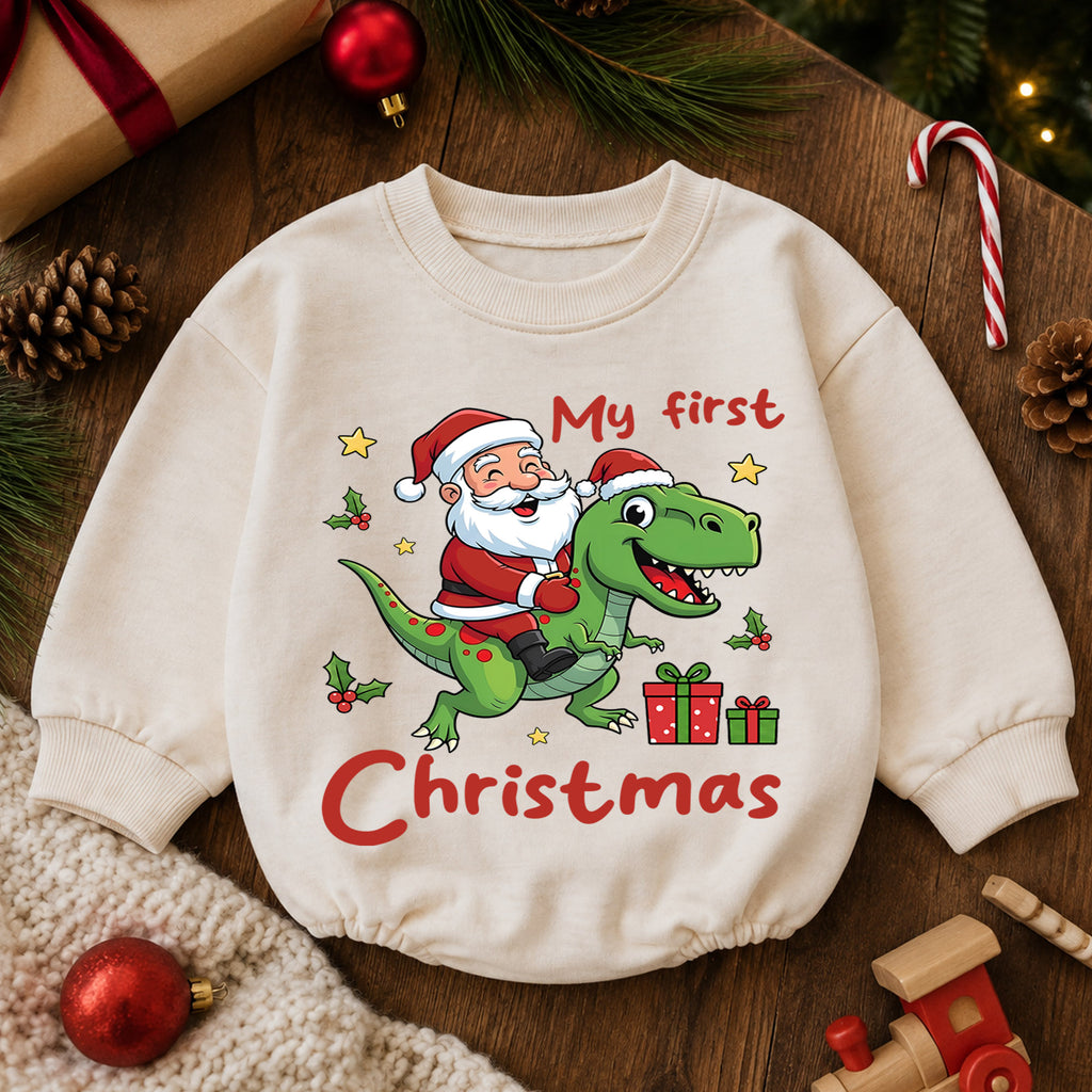 My First Christmas Dinosaur Baby Romper, Santa T Rex Holiday Outfit, Cute Toddler Xmas Romper, Sweet Baby 1st Birthday Gift — product view 6