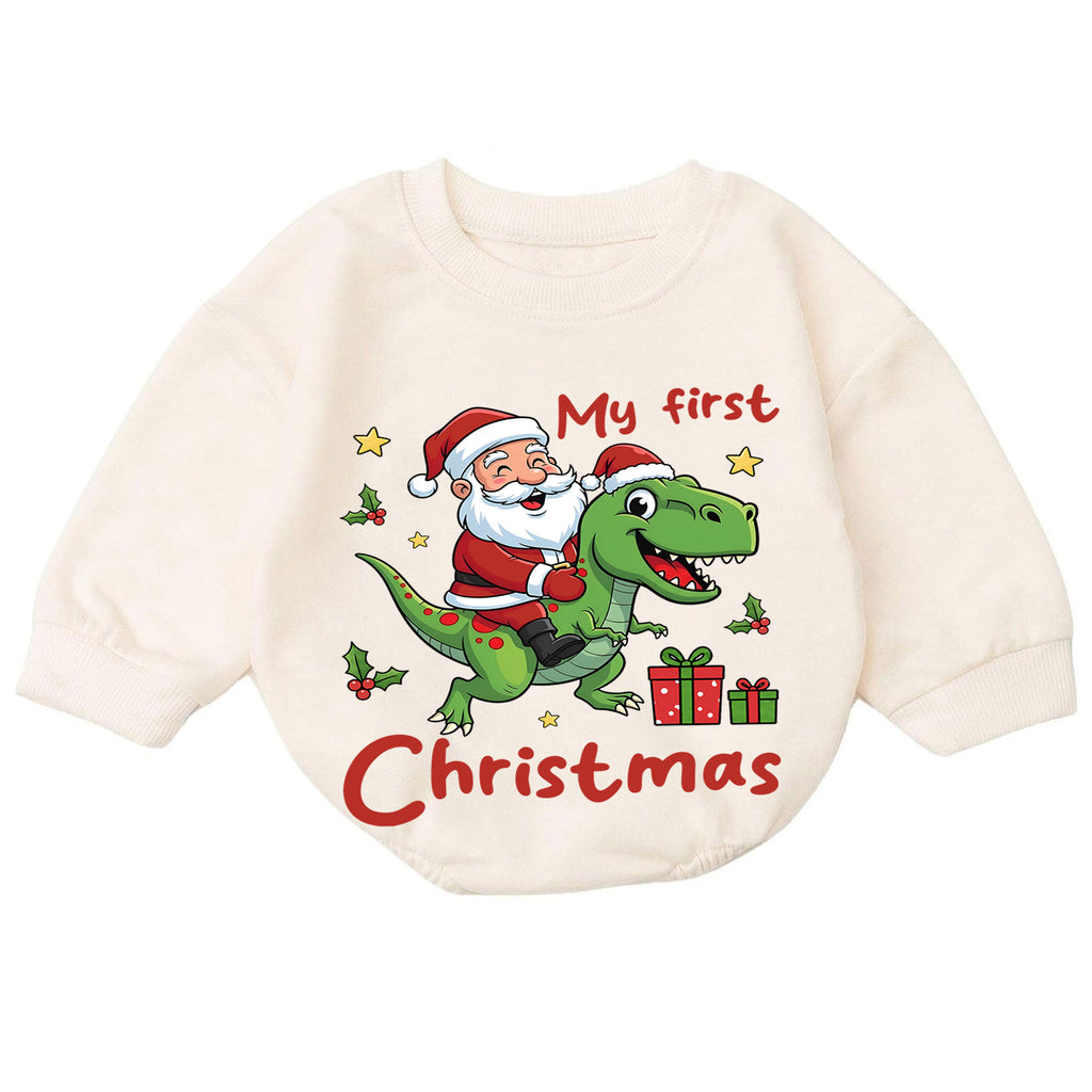 My First Christmas Dinosaur Baby Romper, Santa T Rex Holiday Outfit, Cute Toddler Xmas Romper, Sweet Baby 1st Birthday Gift — product view 7