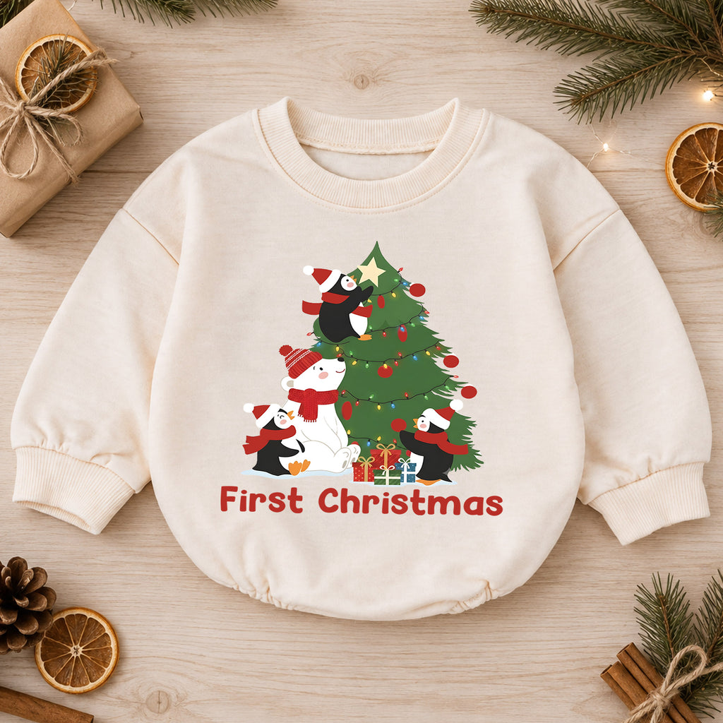 First Christmas Baby Romper, Cute Penguin Polar Bear Tree Outfit, Holiday Romper, Toddler Xmas Gift, Baby 1st Birthday — product view 1