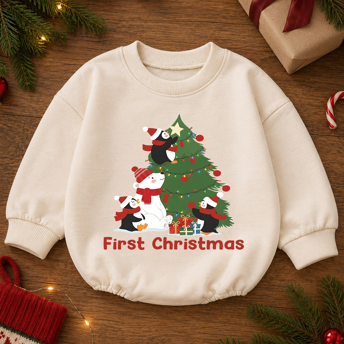 First Christmas Baby Romper, Cute Penguin Polar Bear Tree Outfit, Holiday Romper, Toddler Xmas Gift, Baby 1st Birthday — product view 2