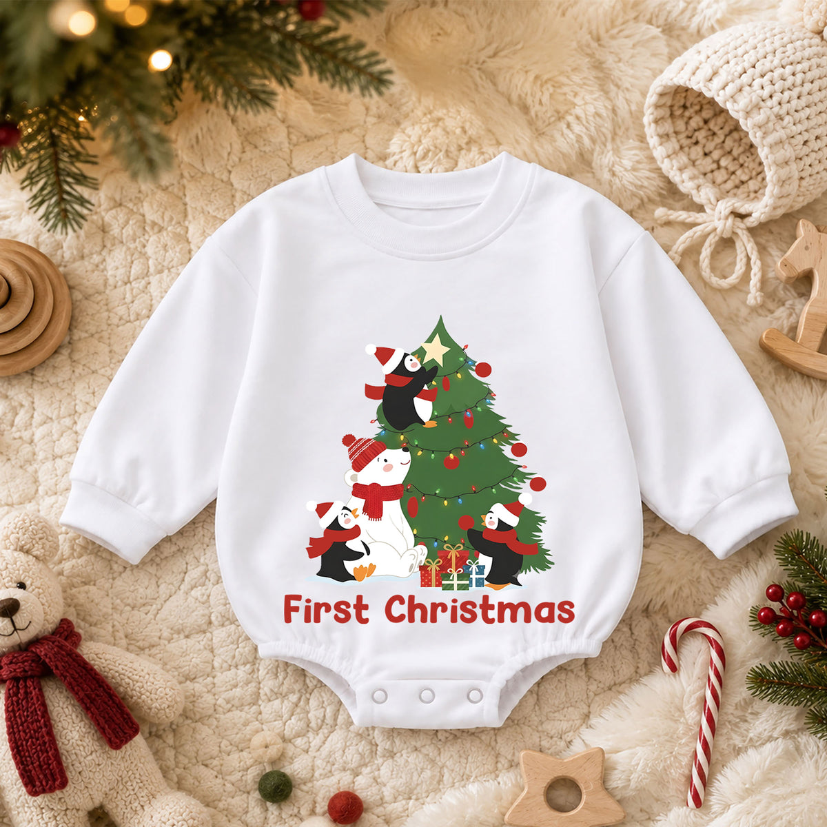 First Christmas Baby Romper, Cute Penguin Polar Bear Tree Outfit, Holiday Romper, Toddler Xmas Gift, Baby 1st Birthday — product view 3