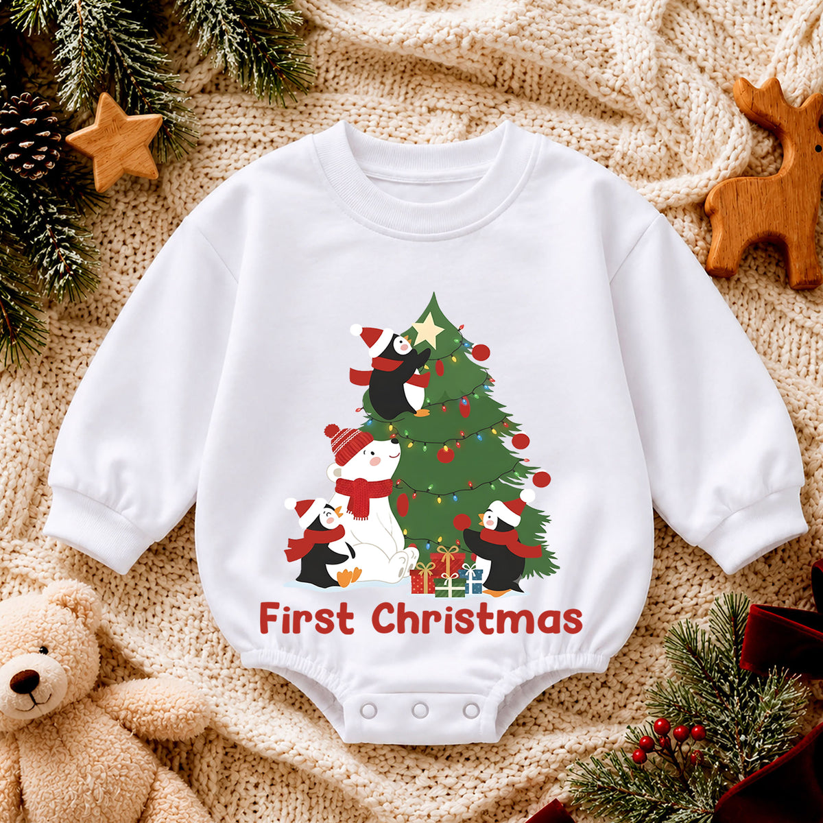 First Christmas Baby Romper, Cute Penguin Polar Bear Tree Outfit, Holiday Romper, Toddler Xmas Gift, Baby 1st Birthday — product view 4