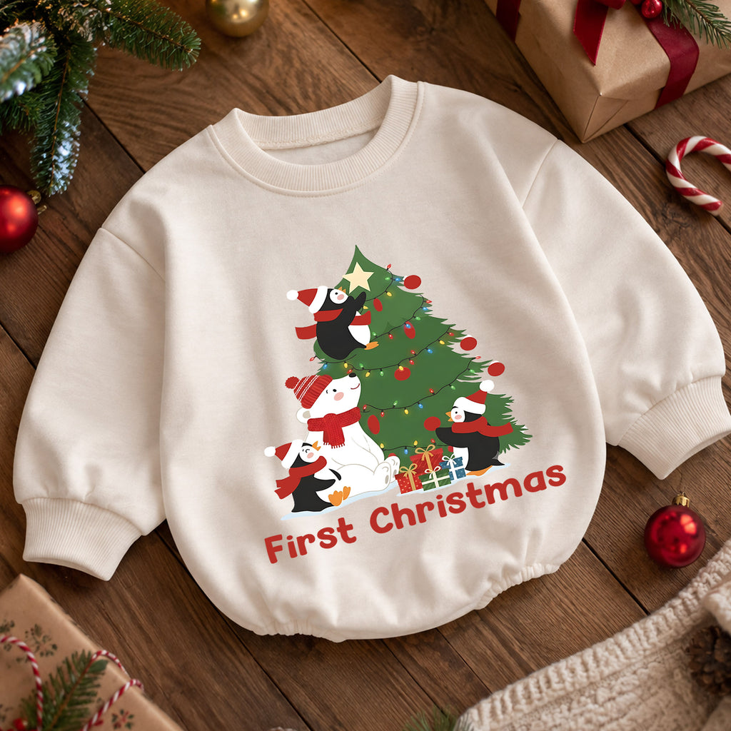 First Christmas Baby Romper, Cute Penguin Polar Bear Tree Outfit, Holiday Romper, Toddler Xmas Gift, Baby 1st Birthday — product view 5