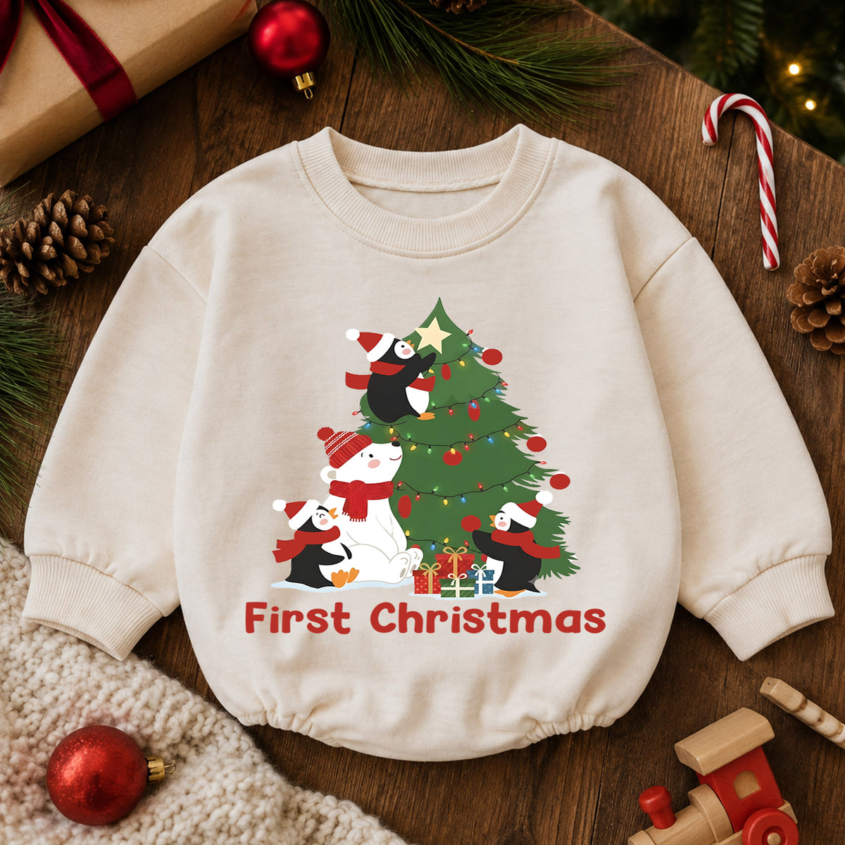 First Christmas Baby Romper, Cute Penguin Polar Bear Tree Outfit, Holiday Romper, Toddler Xmas Gift, Baby 1st Birthday — product view 6
