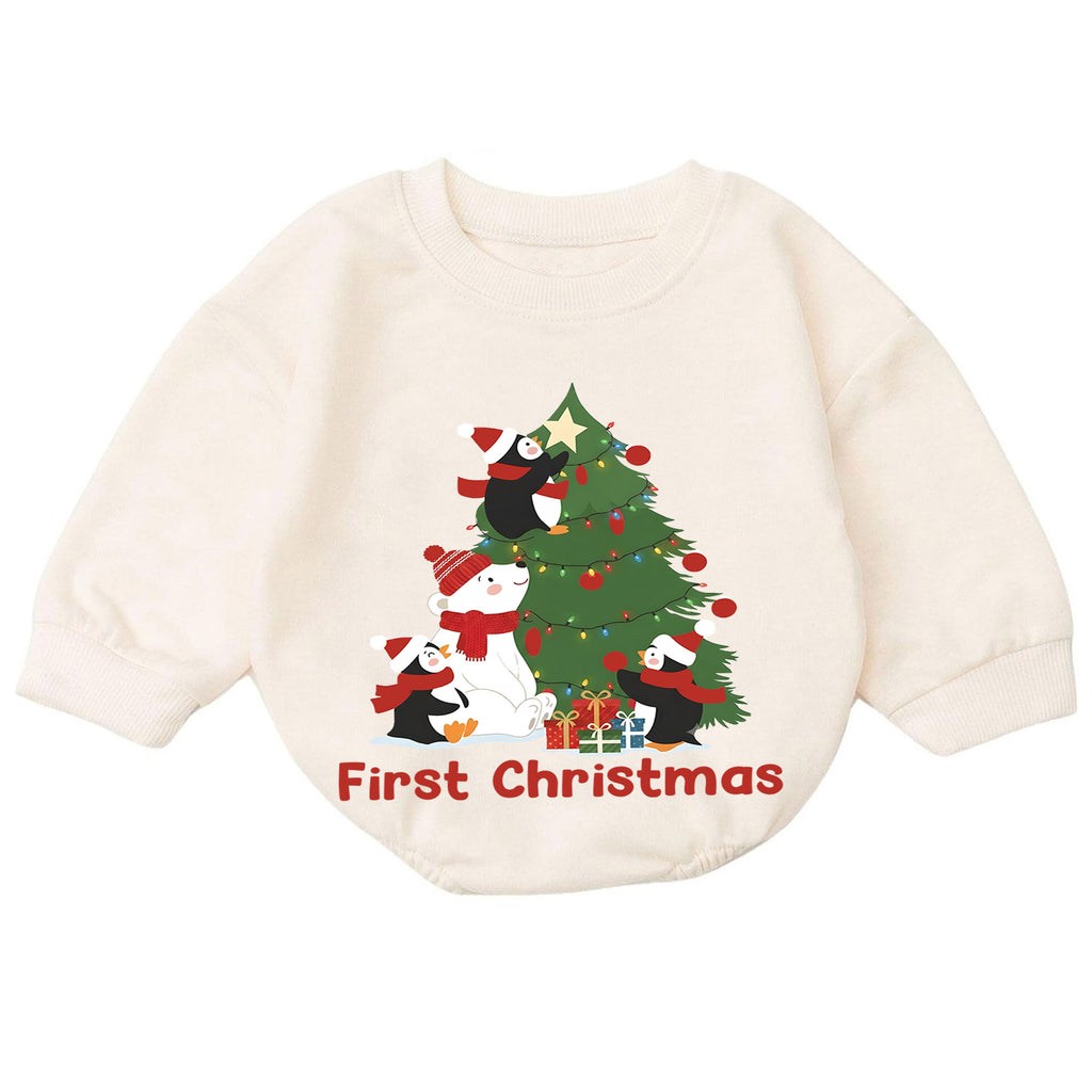 First Christmas Baby Romper, Cute Penguin Polar Bear Tree Outfit, Holiday Romper, Toddler Xmas Gift, Baby 1st Birthday — product view 7
