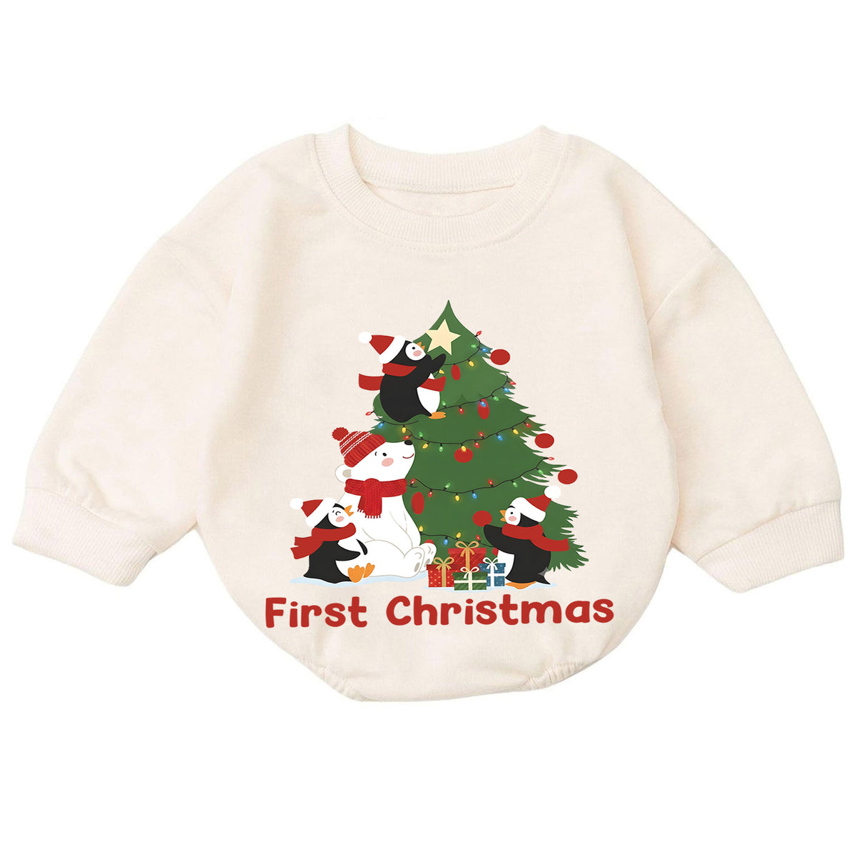 First Christmas Baby Romper, Cute Penguin Polar Bear Tree Outfit, Holiday Romper, Toddler Xmas Gift, Baby 1st Birthday — product view 7