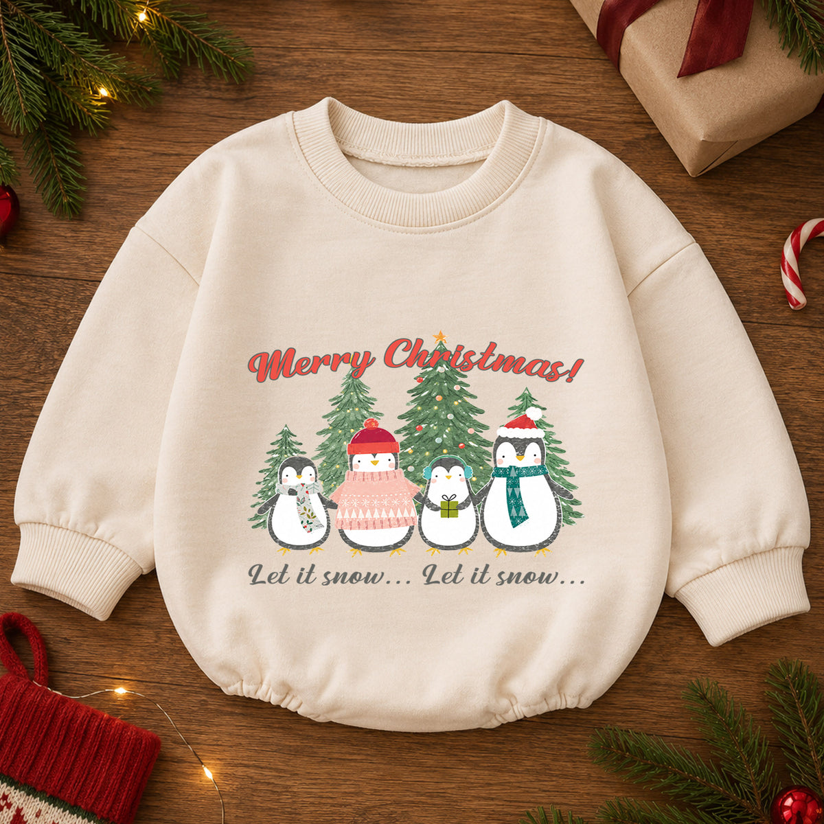 Penguin Family Christmas Baby Romper, Let It Snow Holiday Outfit, Toddler Christmas Romper, Cute 1st Christmas Gift for Baby — product view 2