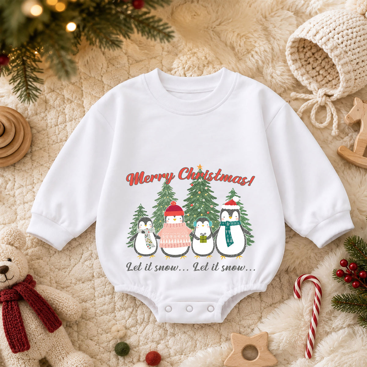 Penguin Family Christmas Baby Romper, Let It Snow Holiday Outfit, Toddler Christmas Romper, Cute 1st Christmas Gift for Baby — product view 3