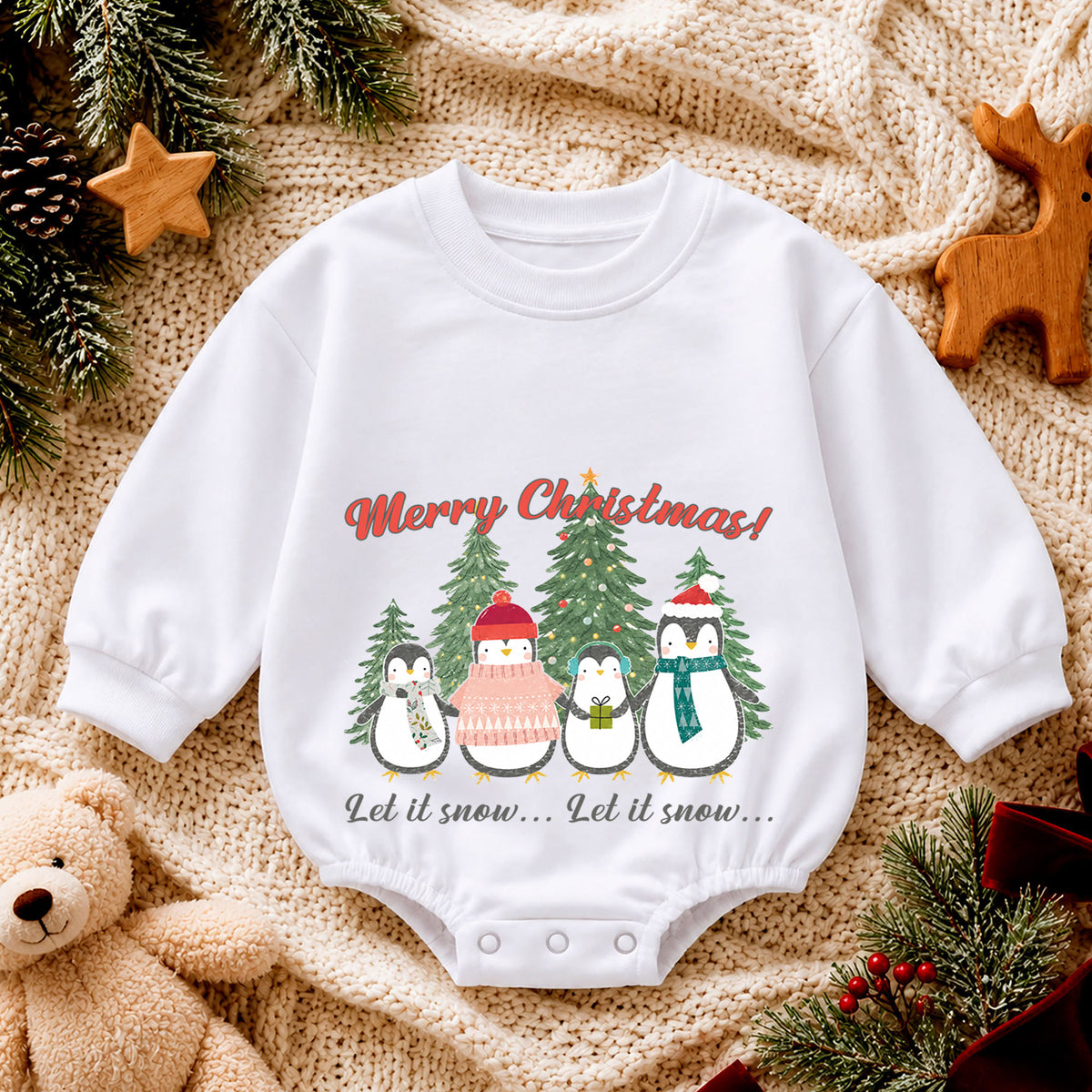Penguin Family Christmas Baby Romper, Let It Snow Holiday Outfit, Toddler Christmas Romper, Cute 1st Christmas Gift for Baby — product view 4