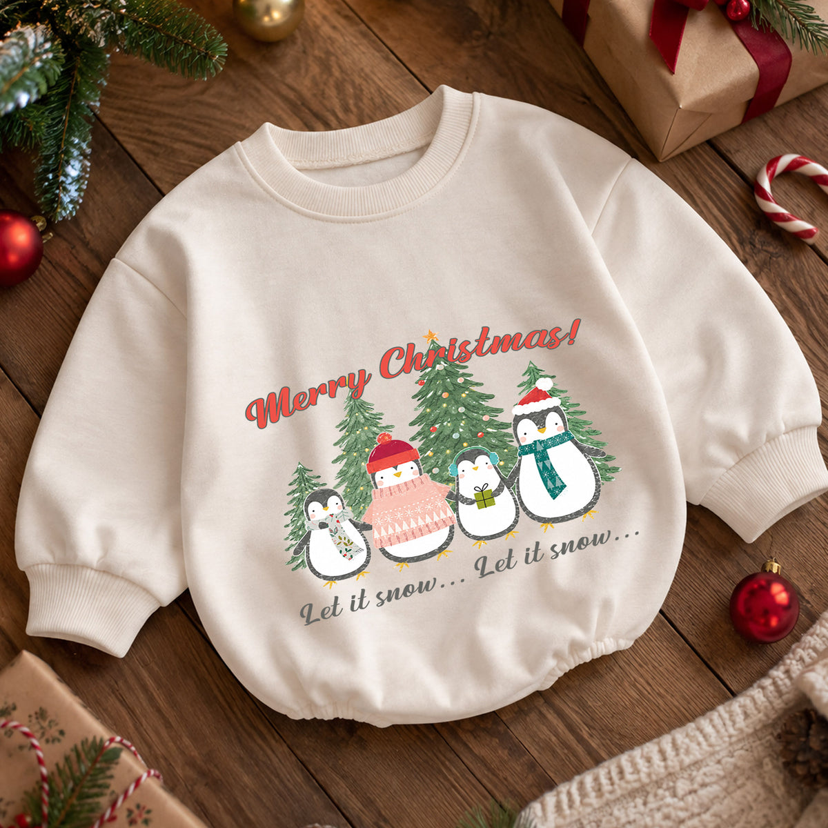 Penguin Family Christmas Baby Romper, Let It Snow Holiday Outfit, Toddler Christmas Romper, Cute 1st Christmas Gift for Baby — product view 5