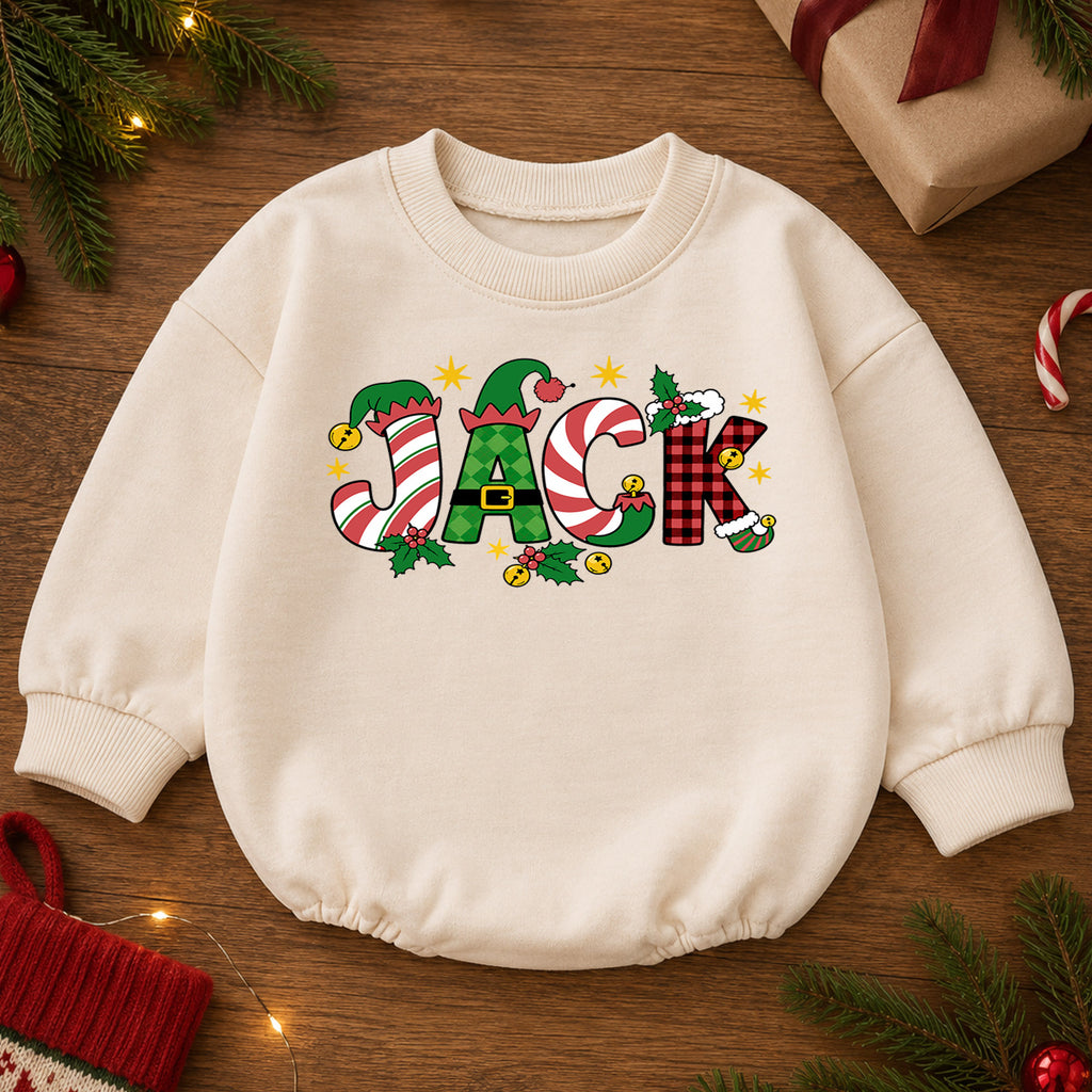 Personalized Christmas Name Baby Romper, Custom Festive Letter Holiday Outfit, Cute 1st Christmas Keepsake Gift for Baby — product view 2