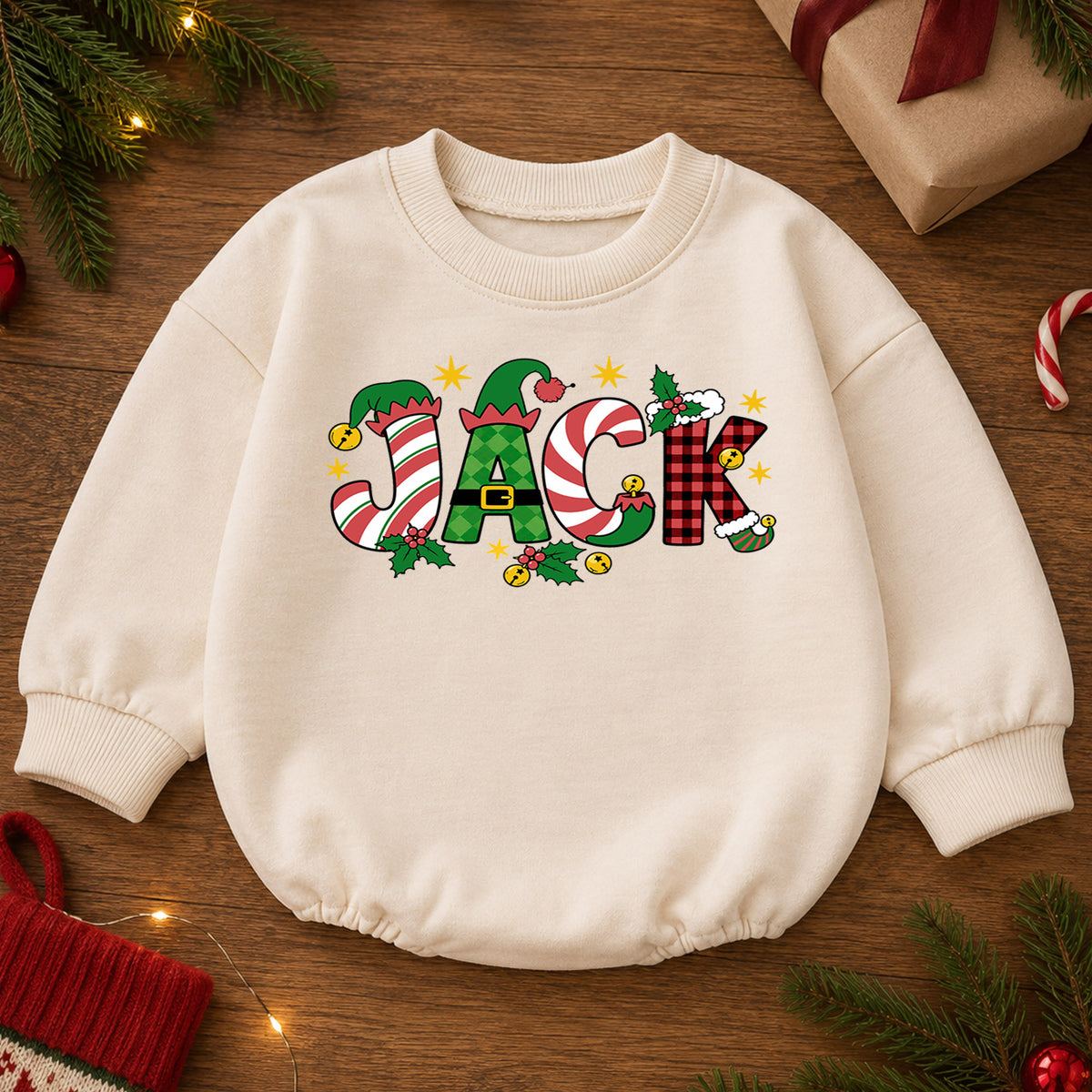 Personalized Christmas Name Baby Romper, Custom Festive Letter Holiday Outfit, Cute 1st Christmas Keepsake Gift for Baby — product view 2