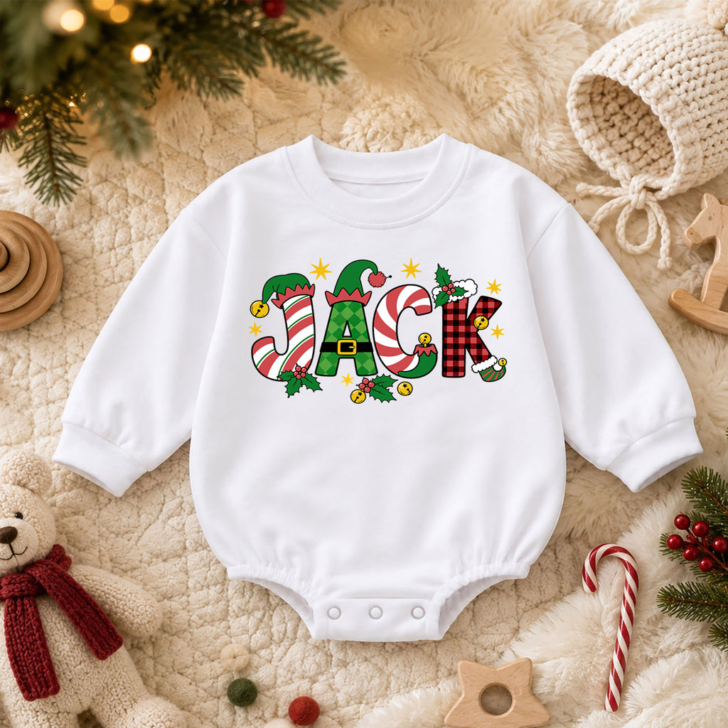 Personalized Christmas Name Baby Romper, Custom Festive Letter Holiday Outfit, Cute 1st Christmas Keepsake Gift for Baby — product view 3