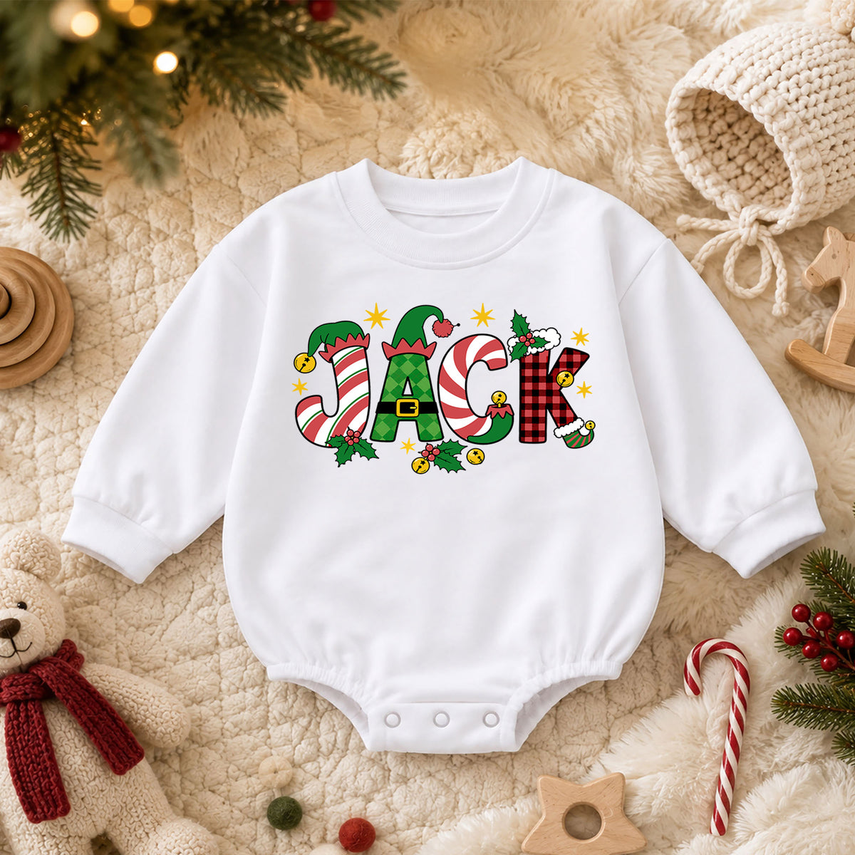 Personalized Christmas Name Baby Romper, Custom Festive Letter Holiday Outfit, Cute 1st Christmas Keepsake Gift for Baby — product view 3