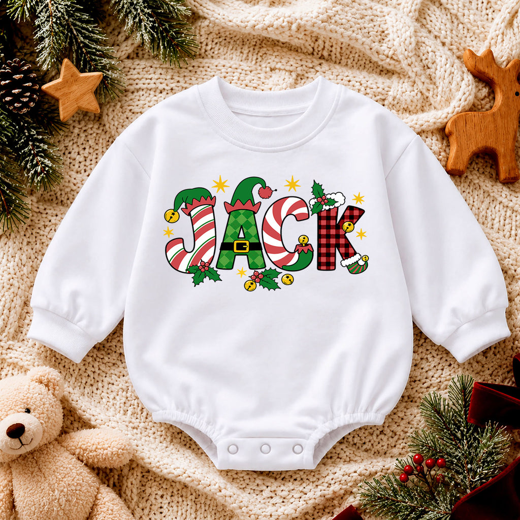 Personalized Christmas Name Baby Romper, Custom Festive Letter Holiday Outfit, Cute 1st Christmas Keepsake Gift for Baby — product view 4