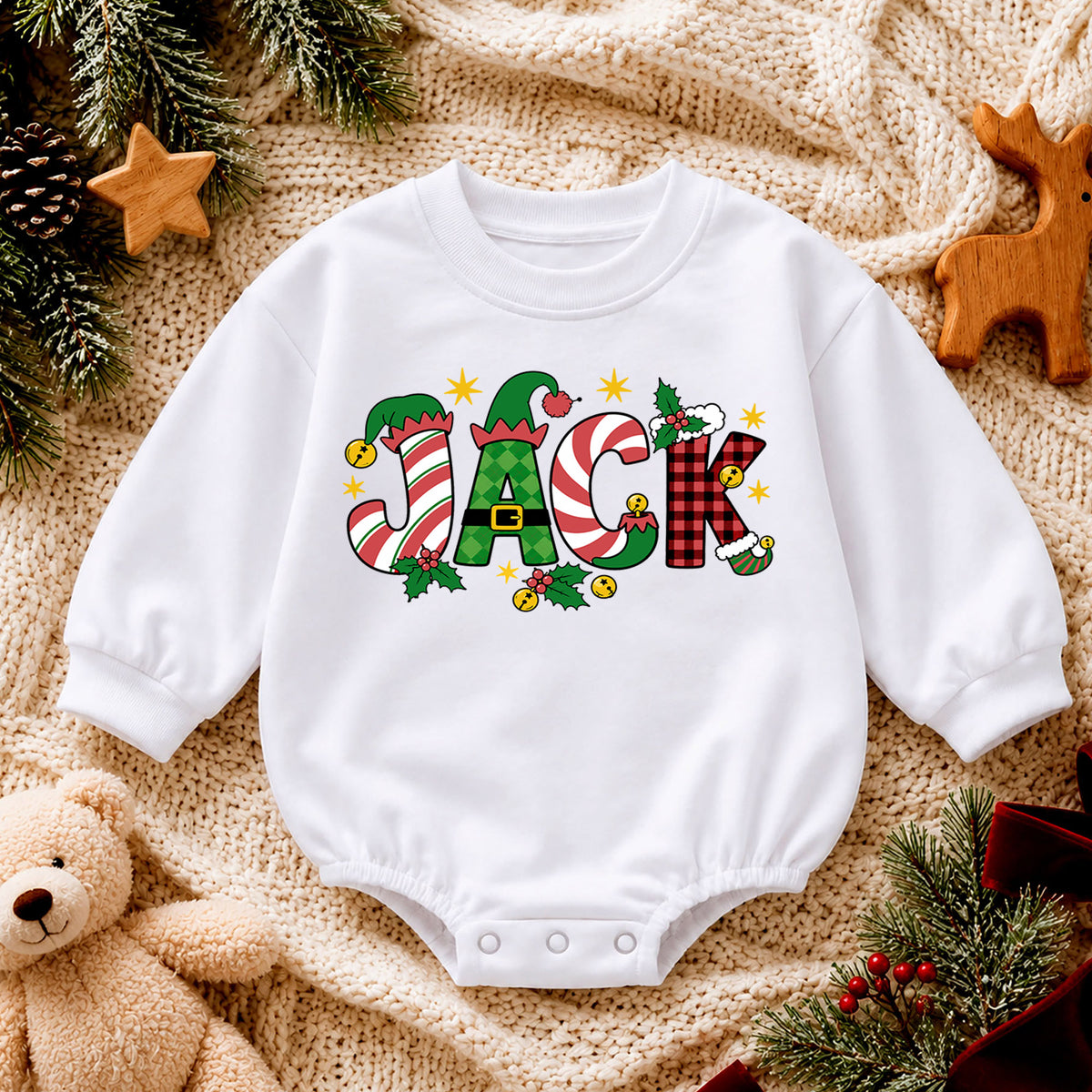 Personalized Christmas Name Baby Romper, Custom Festive Letter Holiday Outfit, Cute 1st Christmas Keepsake Gift for Baby — product view 4