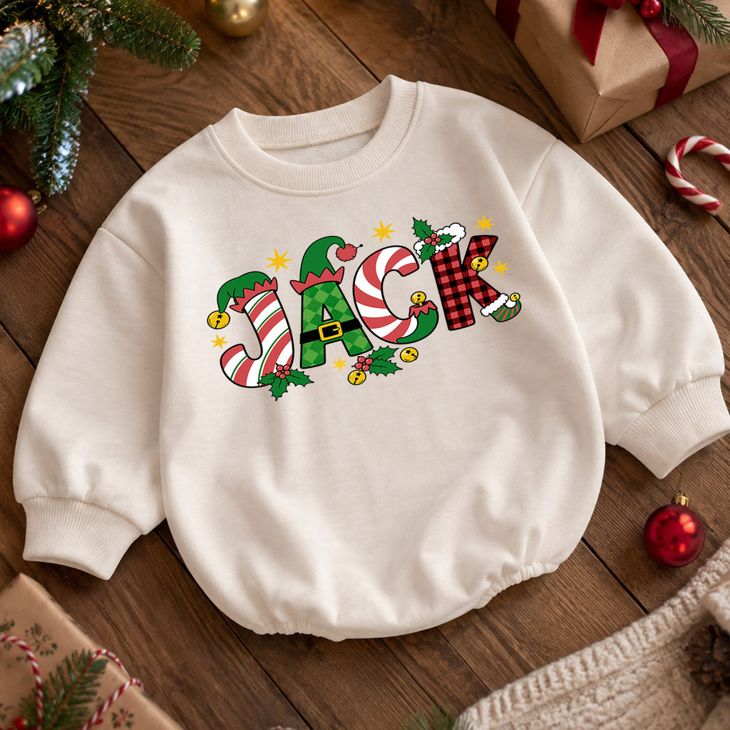 Personalized Christmas Name Baby Romper, Custom Festive Letter Holiday Outfit, Cute 1st Christmas Keepsake Gift for Baby — product view 5