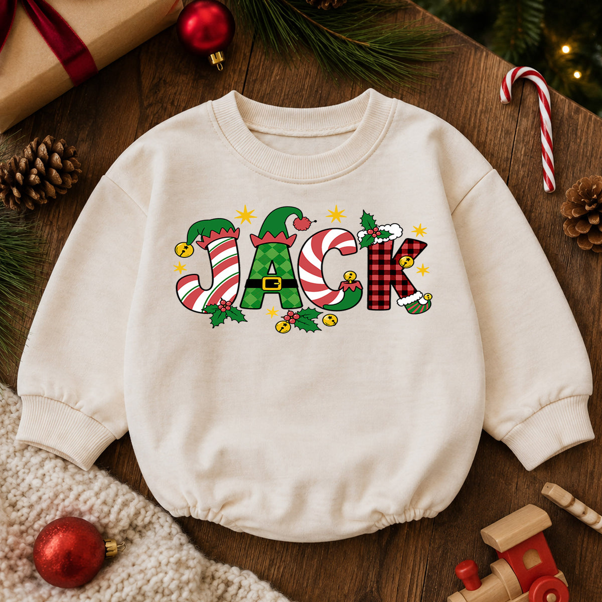 Personalized Christmas Name Baby Romper, Custom Festive Letter Holiday Outfit, Cute 1st Christmas Keepsake Gift for Baby — product view 6