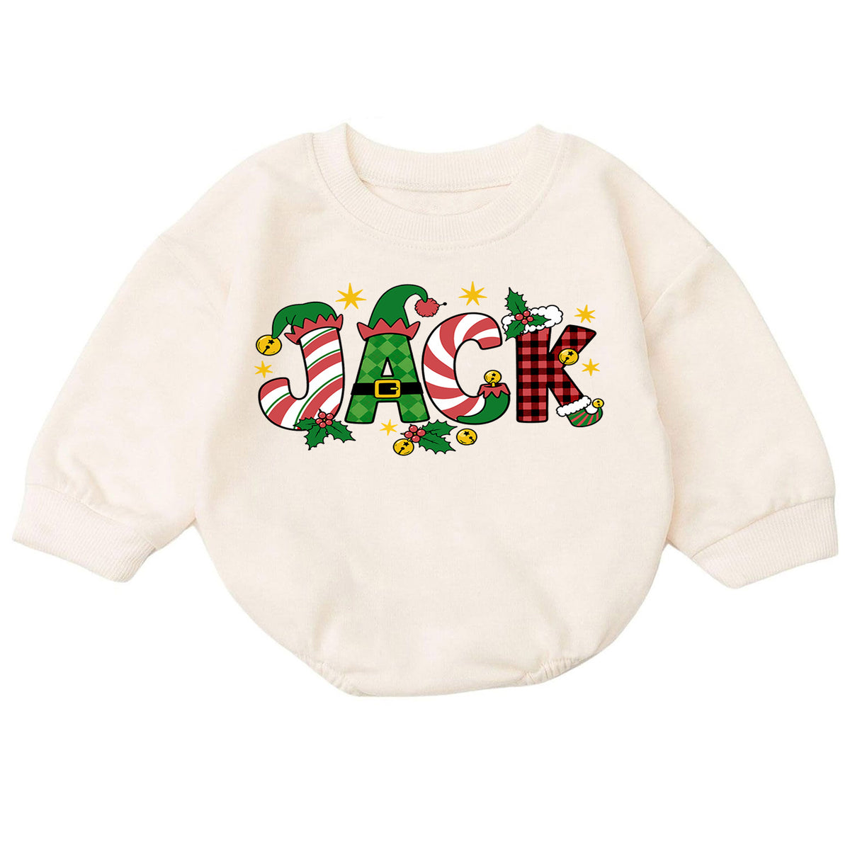 Personalized Christmas Name Baby Romper, Custom Festive Letter Holiday Outfit, Cute 1st Christmas Keepsake Gift for Baby — product view 7