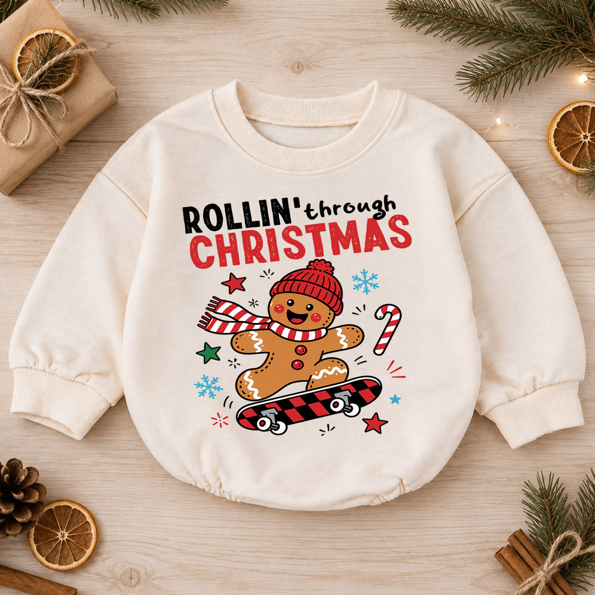 Rollin Through Christmas Baby Romper, Gingerbread Skateboard Holiday Outfit, Toddler Xmas Romper, Cute 1st Christmas Gift — product view 1