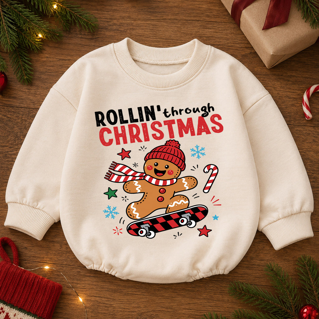 Rollin Through Christmas Baby Romper, Gingerbread Skateboard Holiday Outfit, Toddler Xmas Romper, Cute 1st Christmas Gift — product view 2