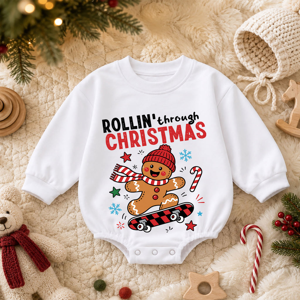Rollin Through Christmas Baby Romper, Gingerbread Skateboard Holiday Outfit, Toddler Xmas Romper, Cute 1st Christmas Gift — product view 3