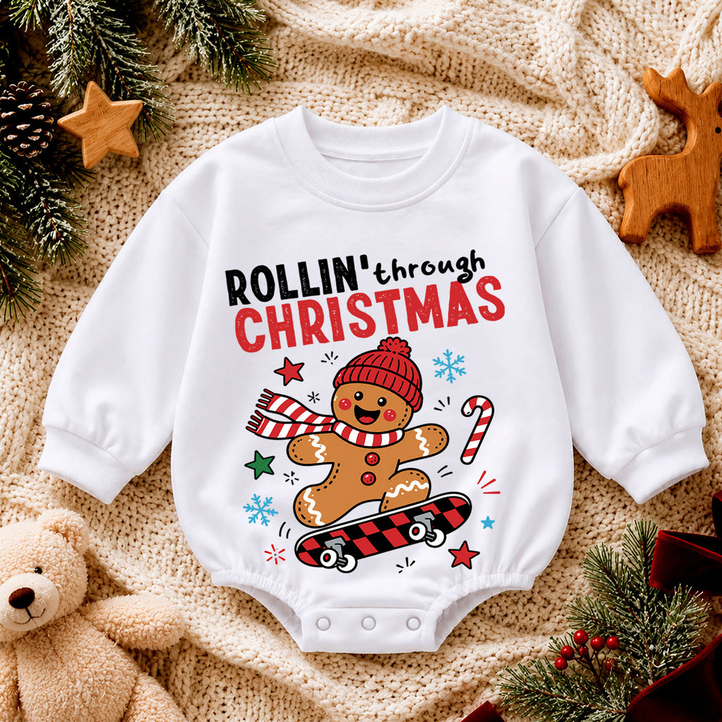 Rollin Through Christmas Baby Romper, Gingerbread Skateboard Holiday Outfit, Toddler Xmas Romper, Cute 1st Christmas Gift — product view 4