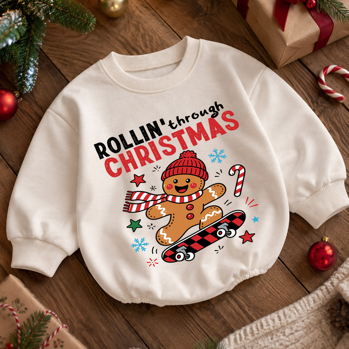 Rollin Through Christmas Baby Romper, Gingerbread Skateboard Holiday Outfit, Toddler Xmas Romper, Cute 1st Christmas Gift — product view 5