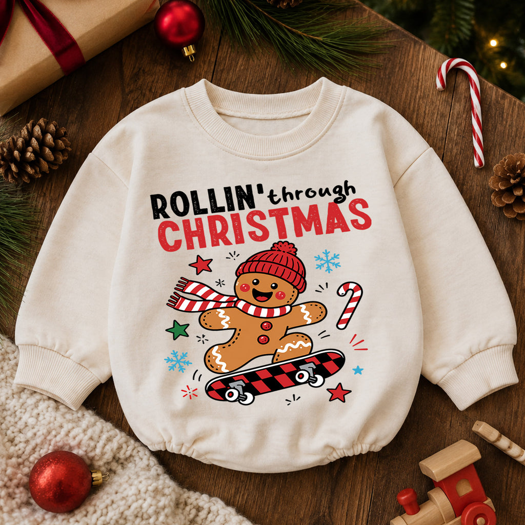 Rollin Through Christmas Baby Romper, Gingerbread Skateboard Holiday Outfit, Toddler Xmas Romper, Cute 1st Christmas Gift — product view 6