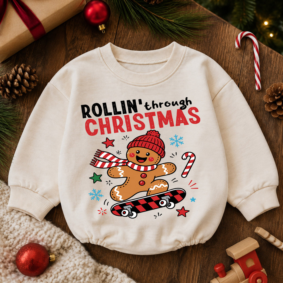 Rollin Through Christmas Baby Romper, Gingerbread Skateboard Holiday Outfit, Toddler Xmas Romper, Cute 1st Christmas Gift — product view 6