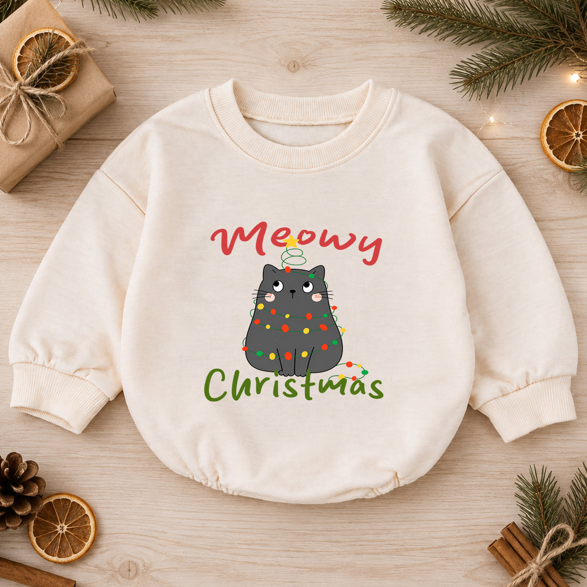 Meowy Christmas Cat Baby Romper, Black Kitty Holiday Outfit, Festive Christmas Gift for Baby — product view 1