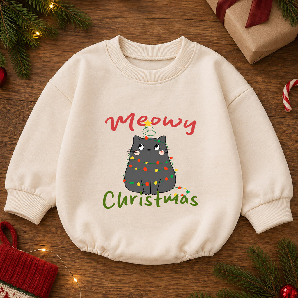 Meowy Christmas Cat Baby Romper, Black Kitty Holiday Outfit, Festive Christmas Gift for Baby — product view 2