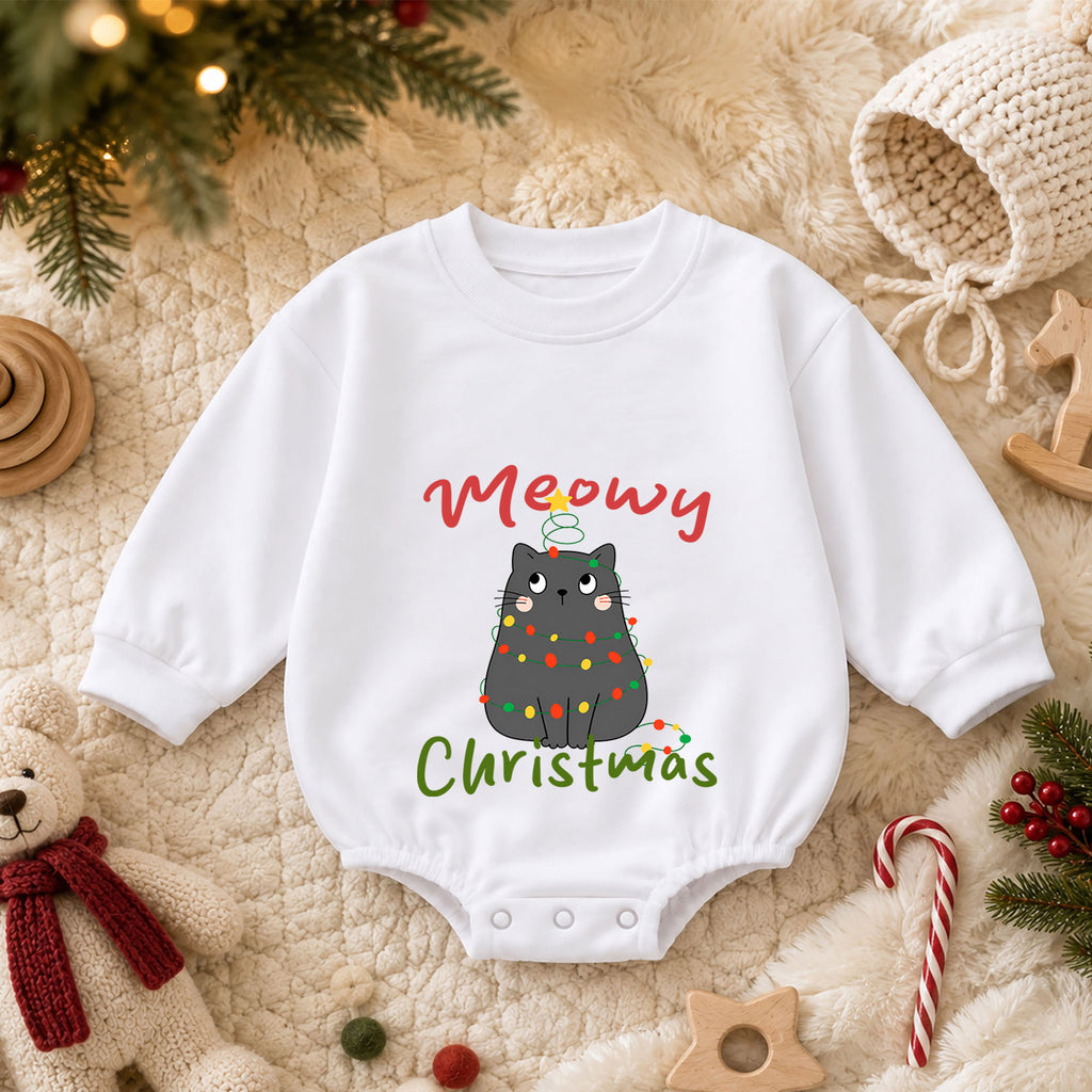 Meowy Christmas Cat Baby Romper, Black Kitty Holiday Outfit, Festive Christmas Gift for Baby — product view 3