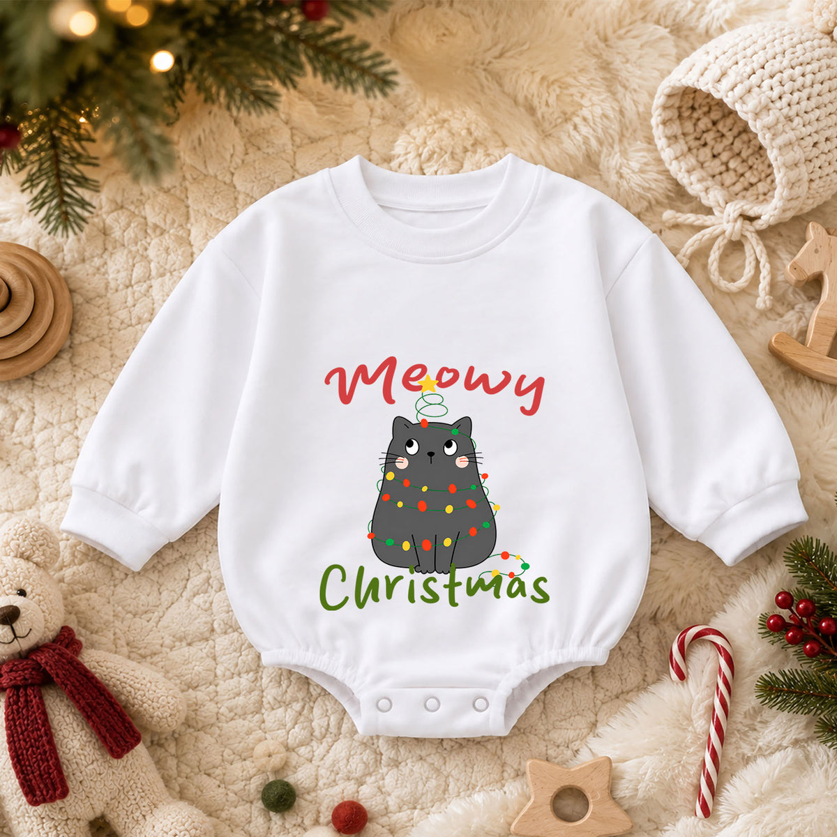 Meowy Christmas Cat Baby Romper, Black Kitty Holiday Outfit, Festive Christmas Gift for Baby — product view 3