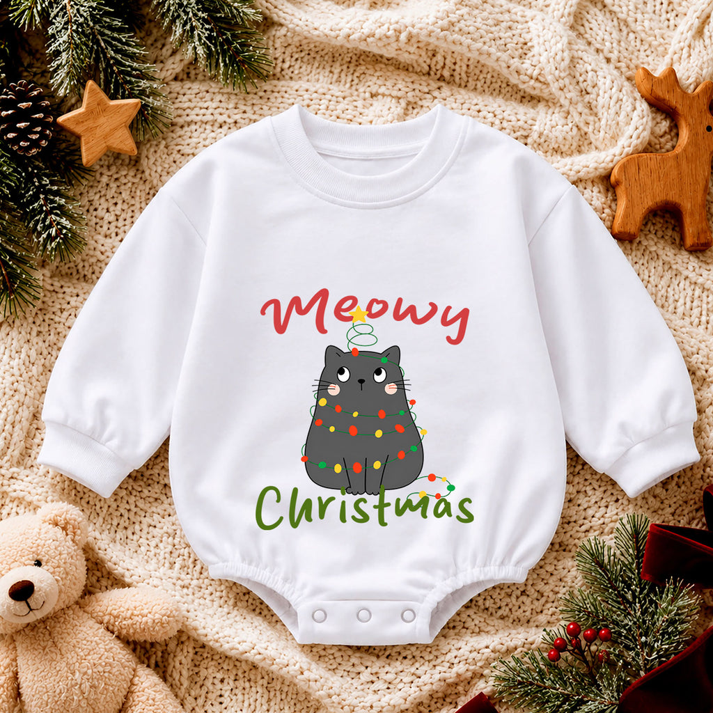 Meowy Christmas Cat Baby Romper, Black Kitty Holiday Outfit, Festive Christmas Gift for Baby — product view 4