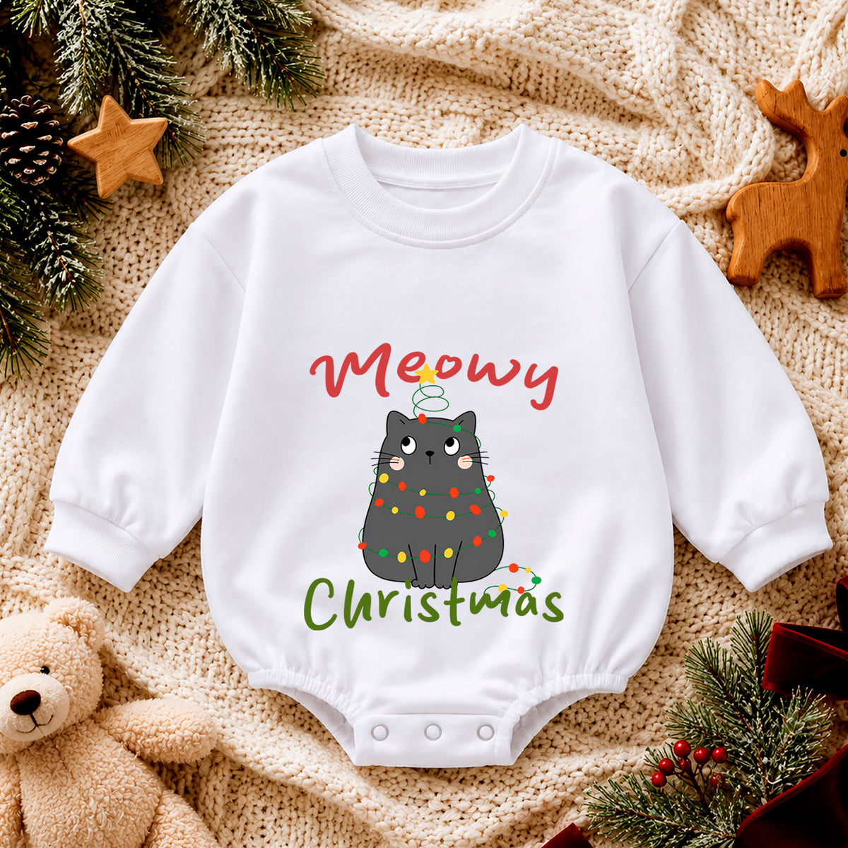 Meowy Christmas Cat Baby Romper, Black Kitty Holiday Outfit, Festive Christmas Gift for Baby — product view 4