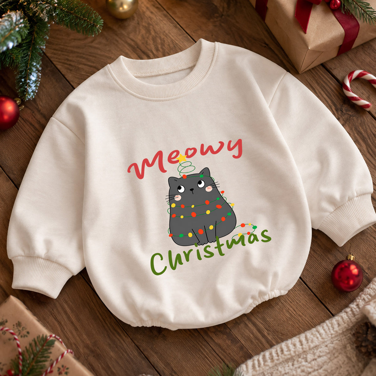 Meowy Christmas Cat Baby Romper, Black Kitty Holiday Outfit, Festive Christmas Gift for Baby — product view 5