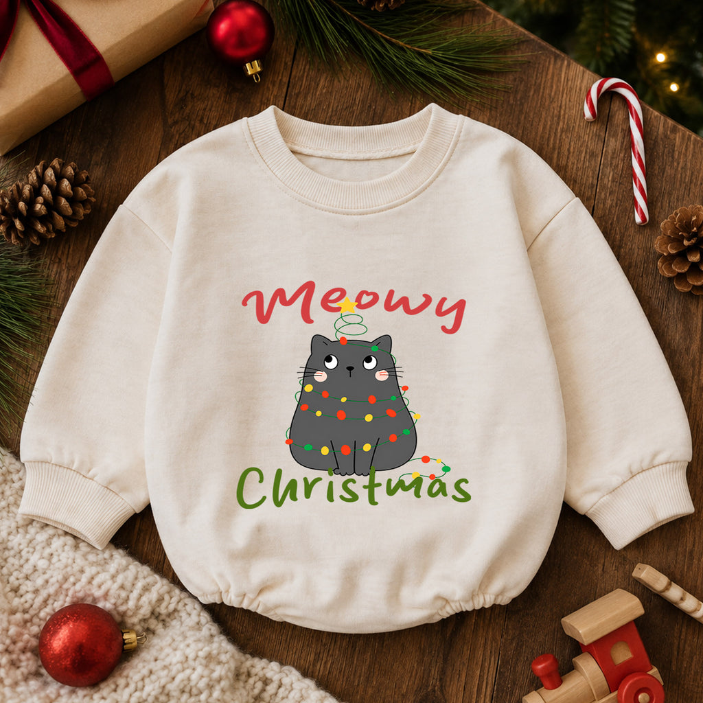 Meowy Christmas Cat Baby Romper, Black Kitty Holiday Outfit, Festive Christmas Gift for Baby — product view 6