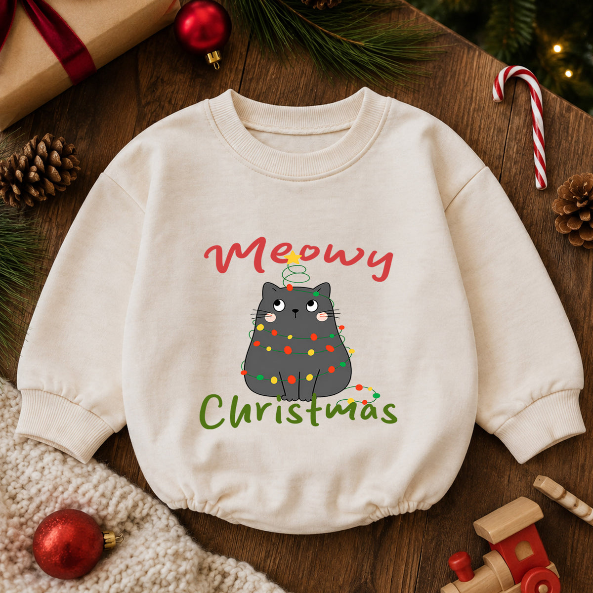 Meowy Christmas Cat Baby Romper, Black Kitty Holiday Outfit, Festive Christmas Gift for Baby — product view 6