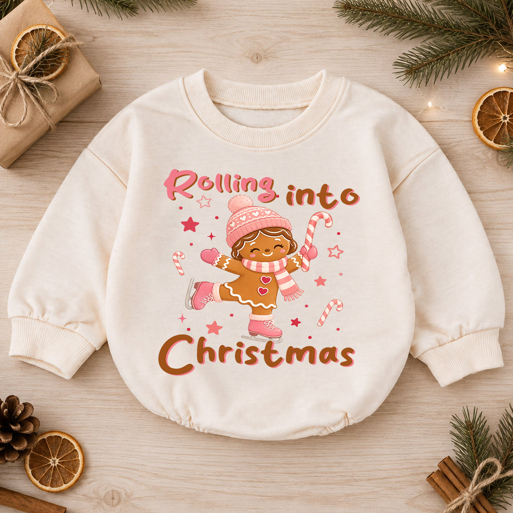 Rolling Into Christmas Baby Romper, Gingerbread Ice Skating Outfit, Pink Holiday Toddler Romper, Cute 1st Christmas Gift — product view 1