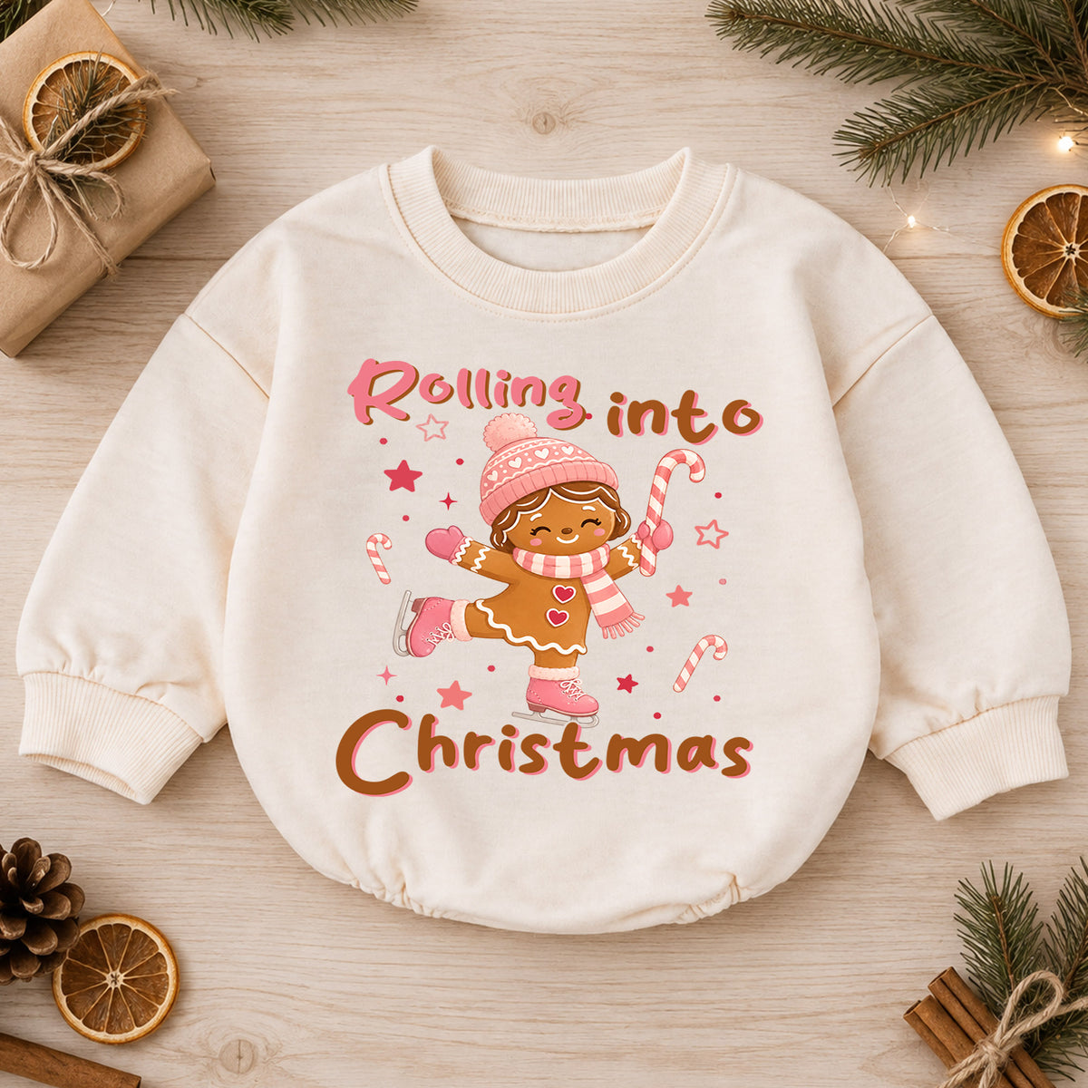 Rolling Into Christmas Baby Romper, Gingerbread Ice Skating Outfit, Pink Holiday Toddler Romper, Cute 1st Christmas Gift — product view 1
