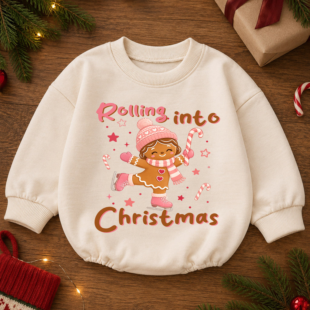Rolling Into Christmas Baby Romper, Gingerbread Ice Skating Outfit, Pink Holiday Toddler Romper, Cute 1st Christmas Gift — product view 2