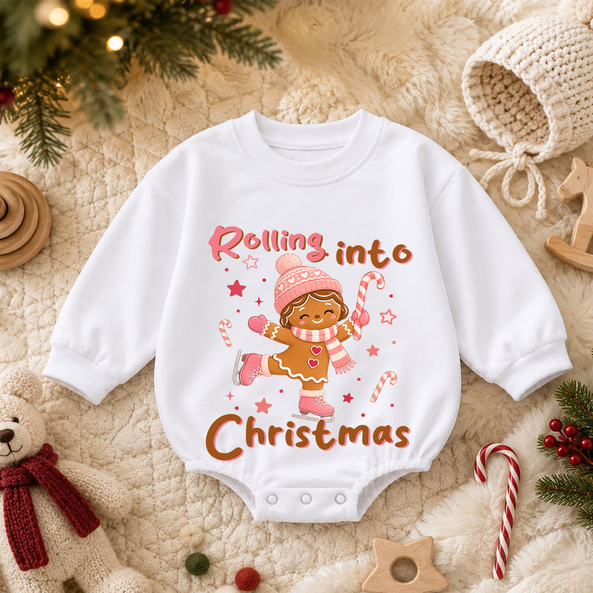 Rolling Into Christmas Baby Romper, Gingerbread Ice Skating Outfit, Pink Holiday Toddler Romper, Cute 1st Christmas Gift — product view 3