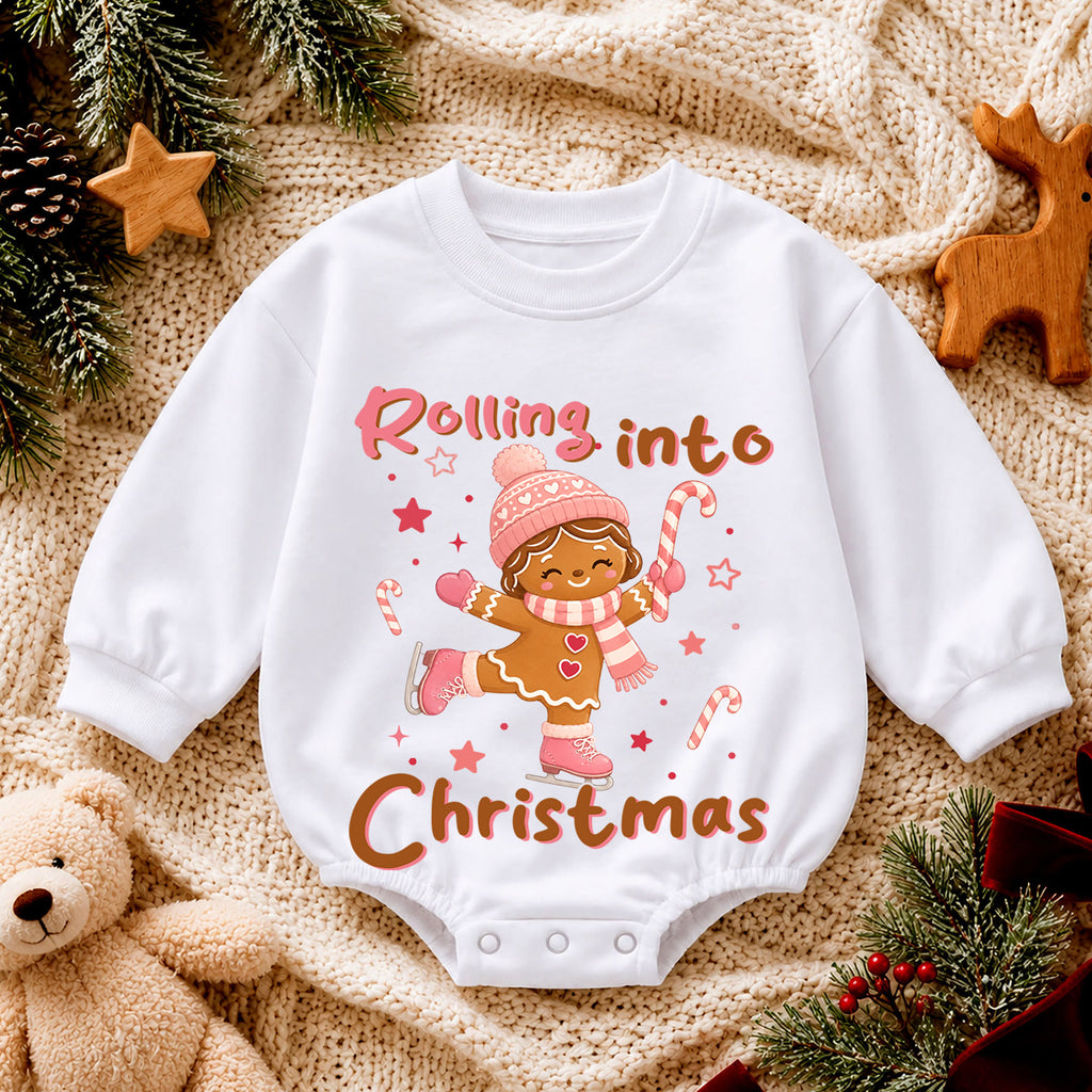 Rolling Into Christmas Baby Romper, Gingerbread Ice Skating Outfit, Pink Holiday Toddler Romper, Cute 1st Christmas Gift — product view 4