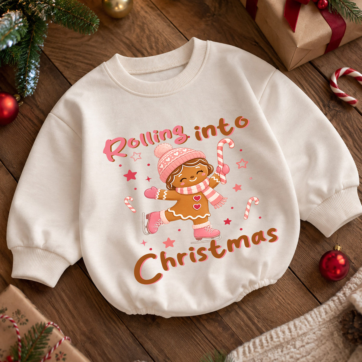 Rolling Into Christmas Baby Romper, Gingerbread Ice Skating Outfit, Pink Holiday Toddler Romper, Cute 1st Christmas Gift — product view 5