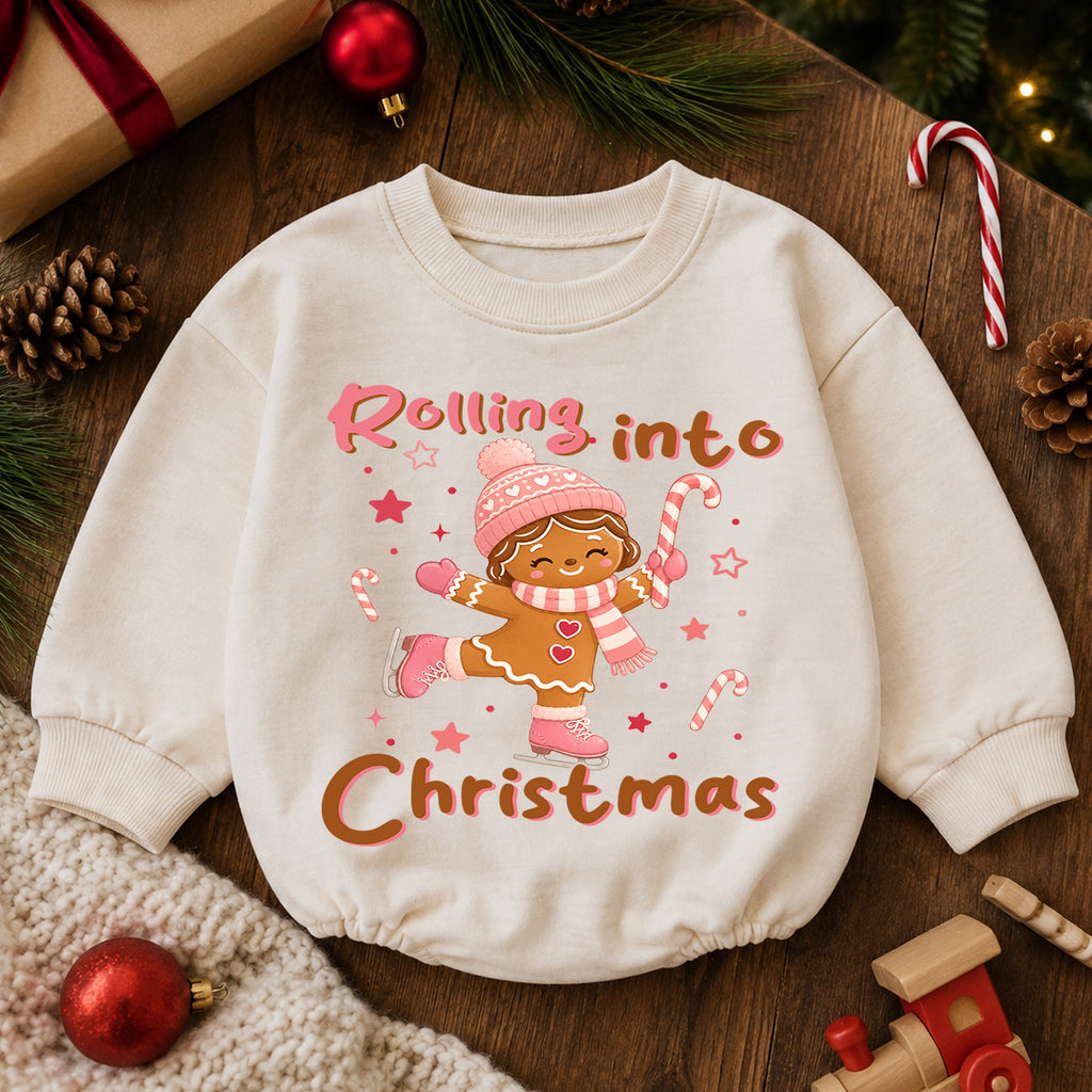 Rolling Into Christmas Baby Romper, Gingerbread Ice Skating Outfit, Pink Holiday Toddler Romper, Cute 1st Christmas Gift — product view 6
